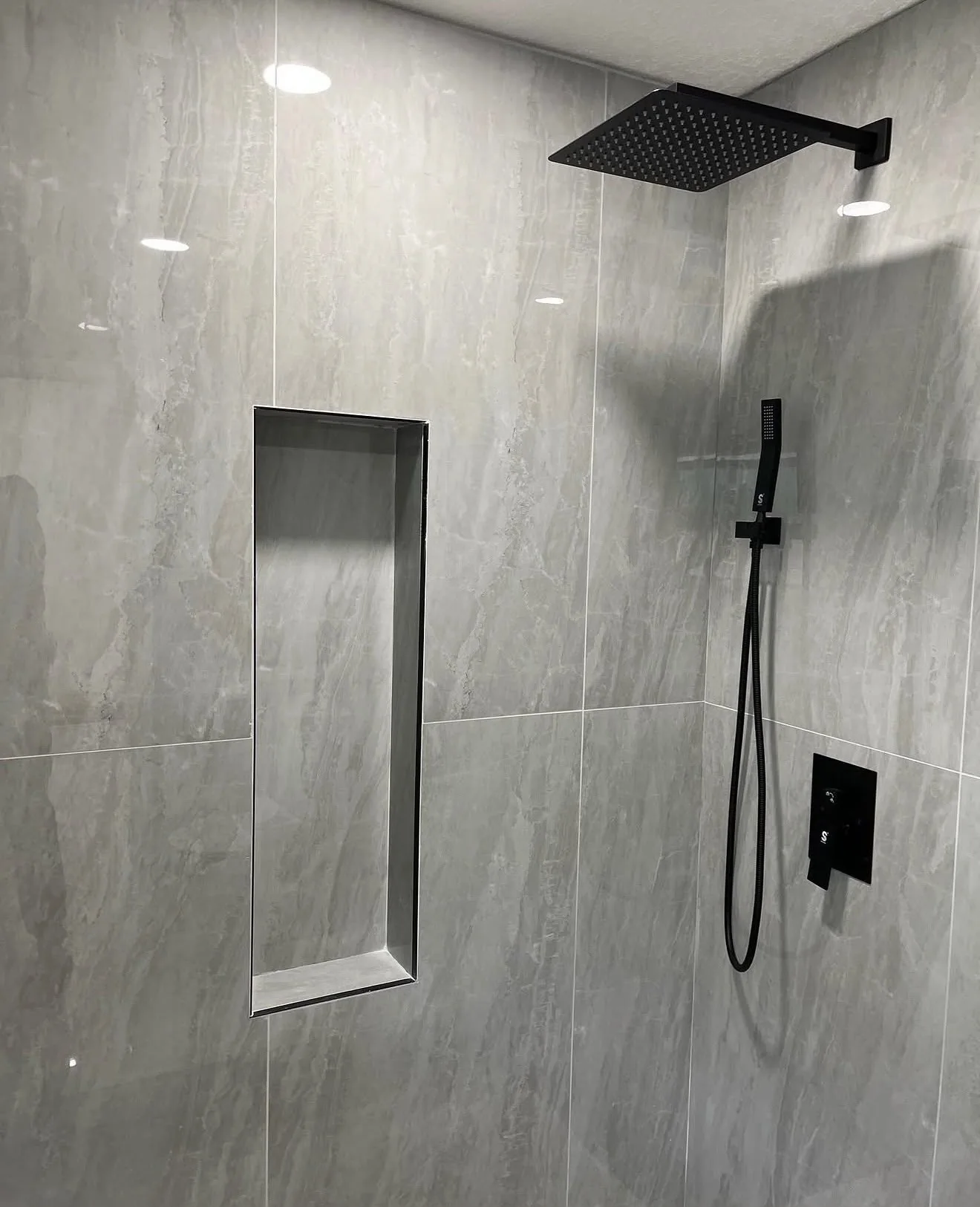 Gray Stone-Look Walk-In Shower — Bathroom Tile Installation in Orlando, FL