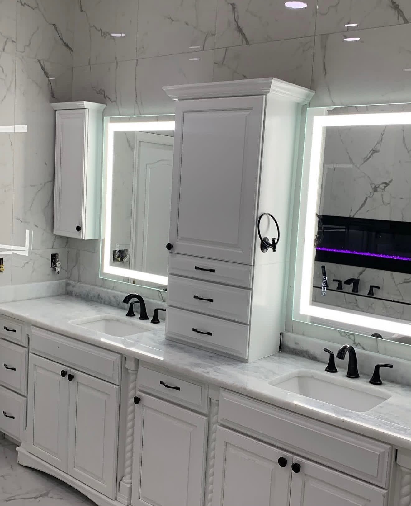 Dual rain-head shower with color-changing LED lighting and body jets